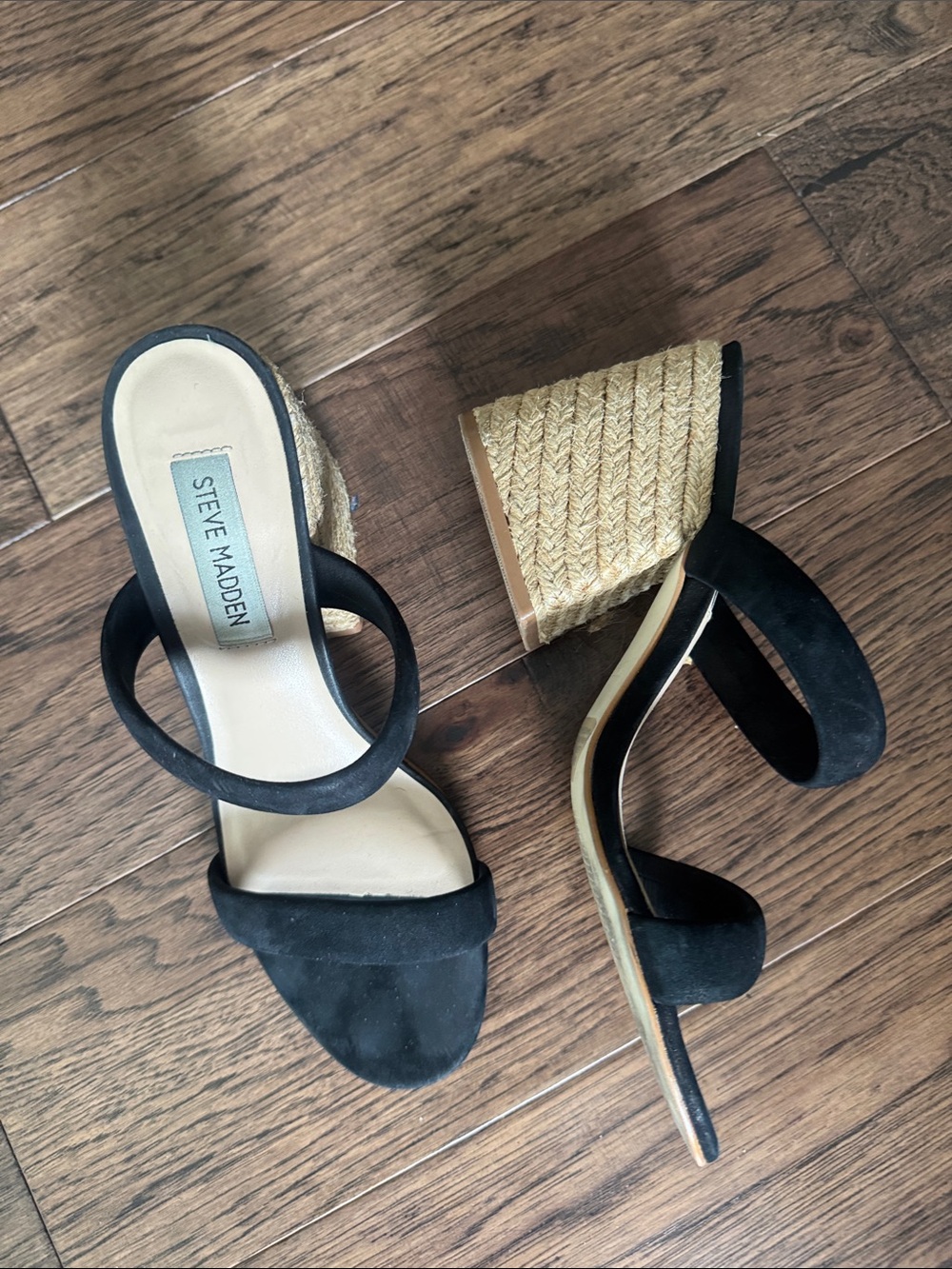Steve Madden Black Suede Double Strap Espadrille Wedges